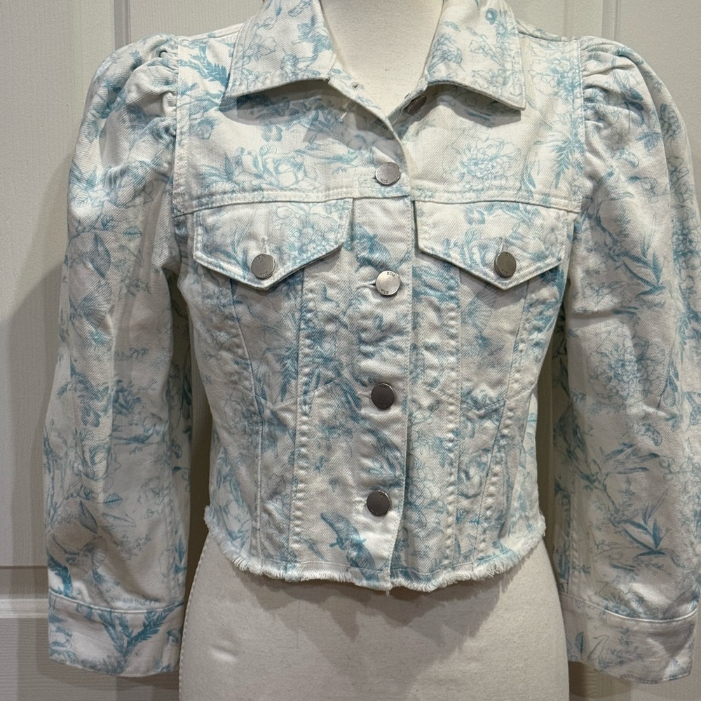 Elie Tahari Cropped Denim Jacket Floral Puff Sleeve Blue White Size S - Picture 2 of 7